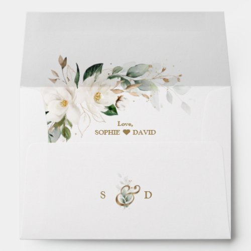 Watercolour WhiteMagnolia Wedding Return Address  Envelope