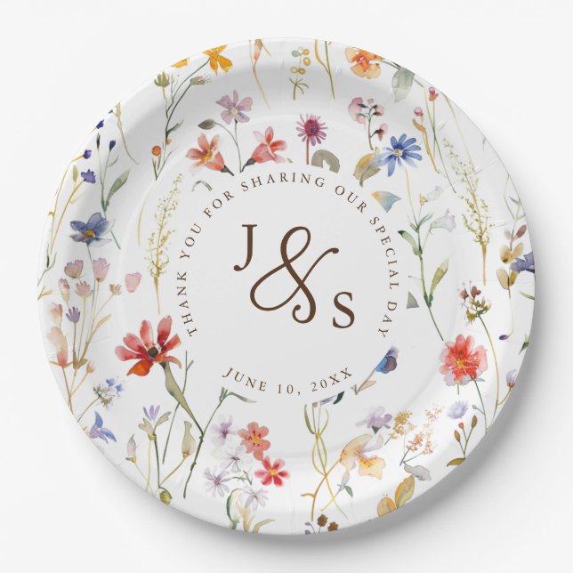  Watercolour wild flower Boho style engagement Paper Plates (Front)