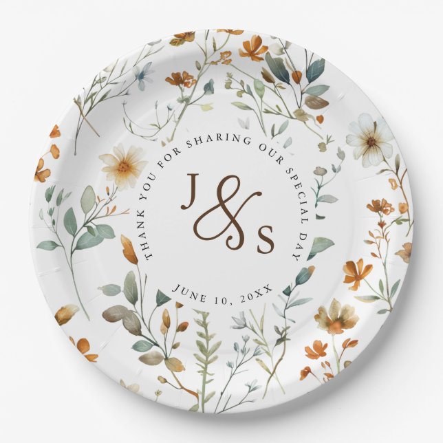  Watercolour wild flower Boho style engagement Paper Plates (Front)