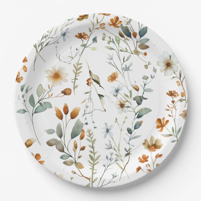  Watercolour wild flower Boho style Paper Plates (Front)
