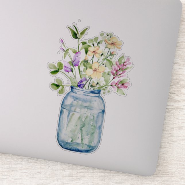 Watercolour Wild Flower Posy Bouquet Glass Jar Sticker (Detail)