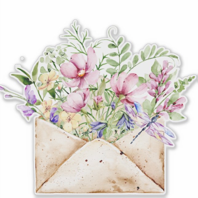 Watercolour Wild Flower Posy Bouquet in Envelope Sticker (Front)