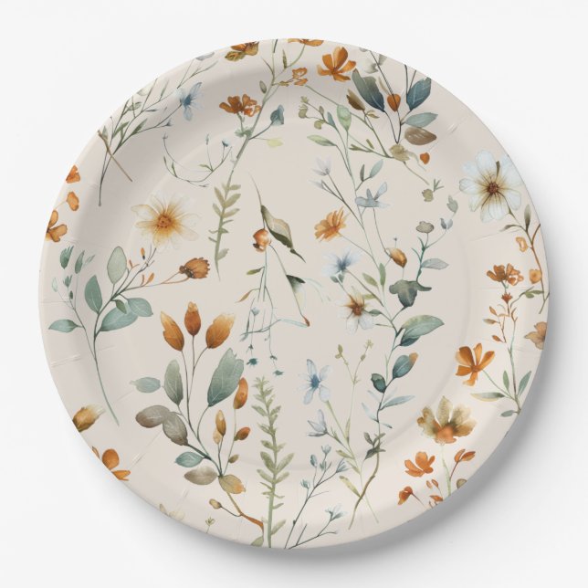  Watercolour wildflower boho style party Paper Plates (Front)