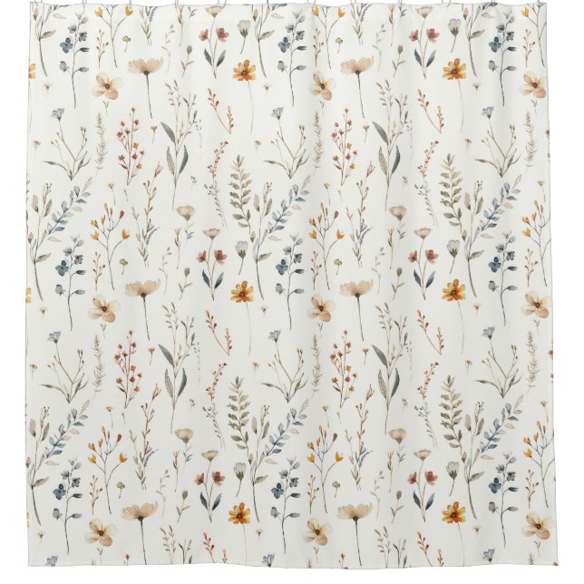 Watercolour wildflower boho style shower curtain (Front)