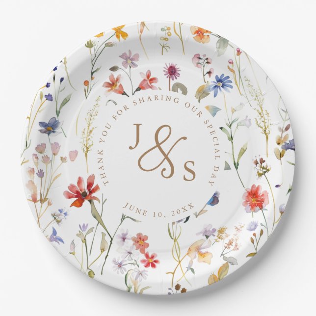 Watercolour wildflower elegant wedding Paper Plates (Front)