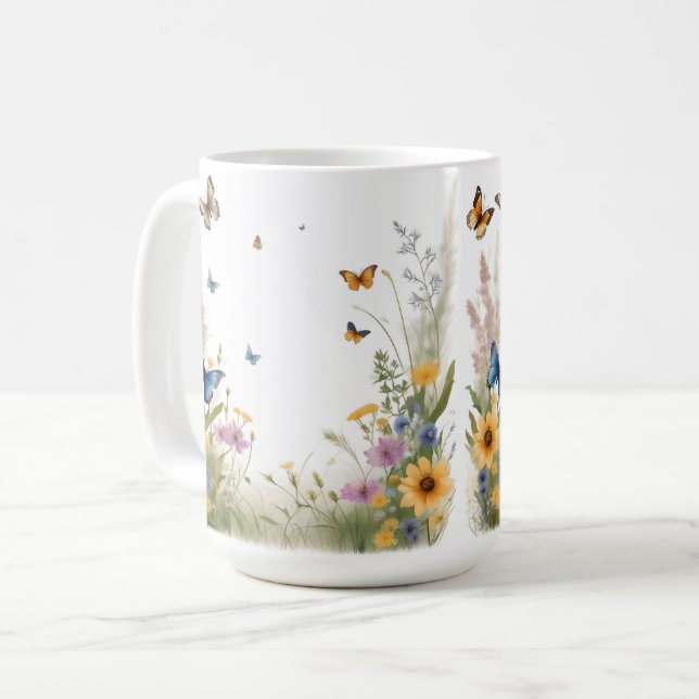 Watercolour Wildflowers Grasses And Butterflies, Coffee Mug (Front Left)