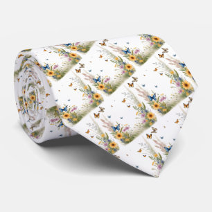 Watercolour Wildflowers Grasses And Butterflies, Neck Tie