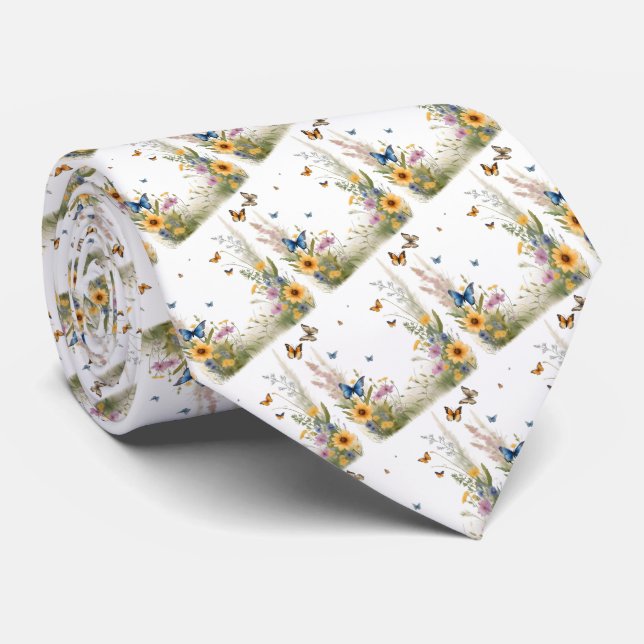 Watercolour Wildflowers Grasses And Butterflies, Neck Tie (Rolled)
