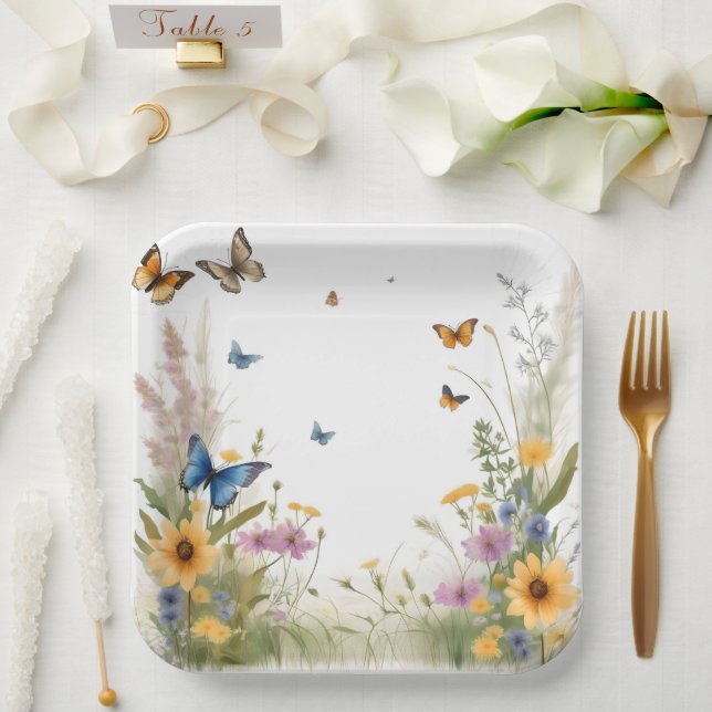 Watercolour Wildflowers Grasses And Butterflies, Paper Plates (Wedding)
