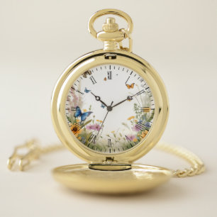 Watercolour Wildflowers Grasses And Butterflies, Pocket Watch