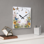 Watercolour Wildflowers Grasses And Butterflies, Square Wall Clock<br><div class="desc">Pictured In This Delicate Watercolour Design Are Yellow,  Blue And Pink Wildflowers,  With Willowy Grasses And Flying Butterflies.</div>