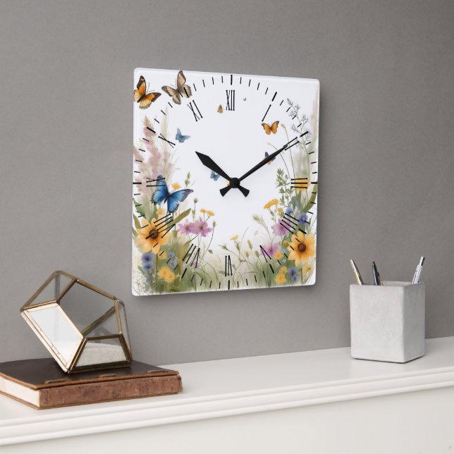 Watercolour Wildflowers Grasses And Butterflies, Square Wall Clock (Office)