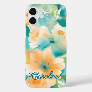 Watercolour wildflowers orange teal iPhone 16 plus case