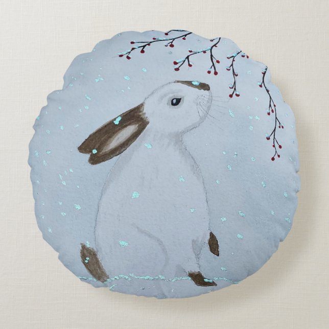 Watercolour Winter Bunny Rabbit Round Pillow (Front)