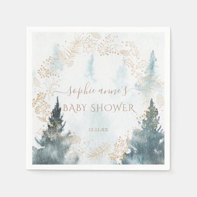 Watercolour Winter Scenery Gold Baby Shower Napkins (Front)