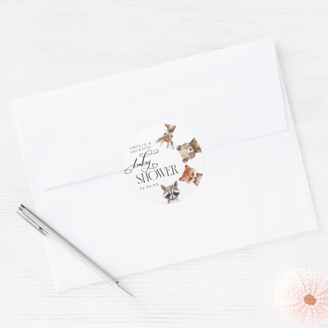 Watercolour Woodland Animals Modern Baby Shower Classic Round Sticker (Envelope)