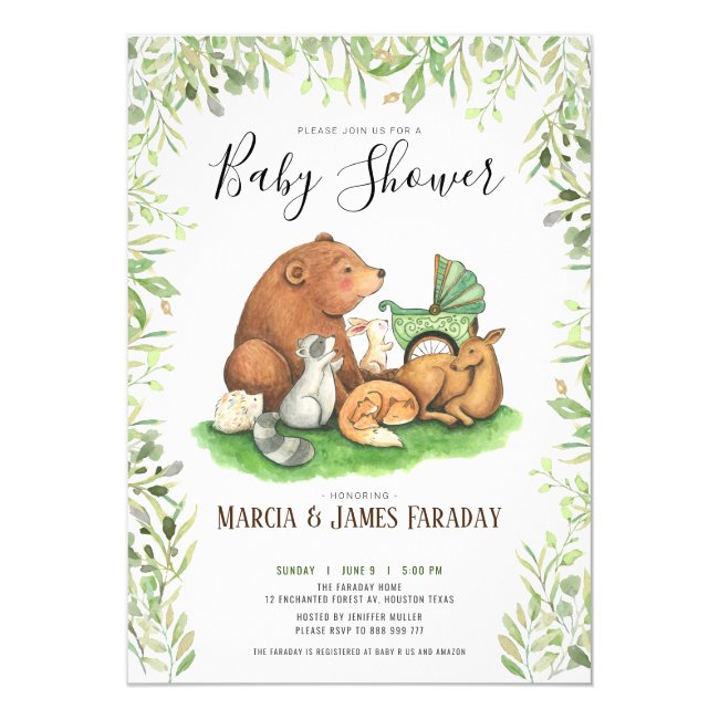 Watercolour woodland forest couples baby shower invitation
