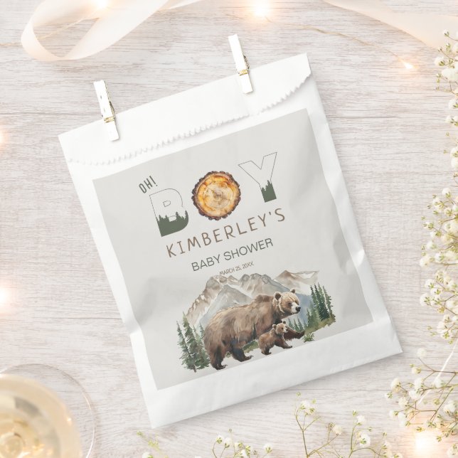 Watercolour Woodland  Oh Boy Bear Baby Shower Favor Bag (Clipped)