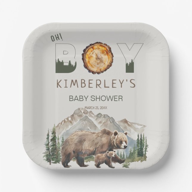 Watercolour Woodland  Oh Boy Bear Baby Shower Paper Plates (Front)