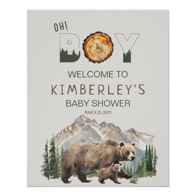Watercolour Woodland  Oh Boy Bear Baby Shower Poster (Front)