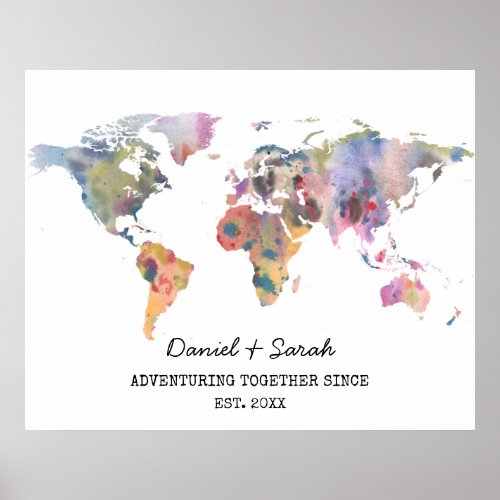 Watercolour world map abstract art poster