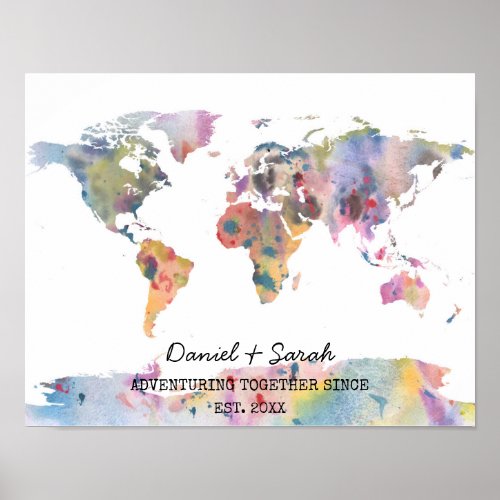 Watercolour world map abstract art poster