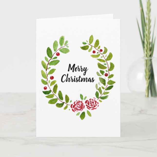 Watercolour Wreath Holly Christmas Card (Front)