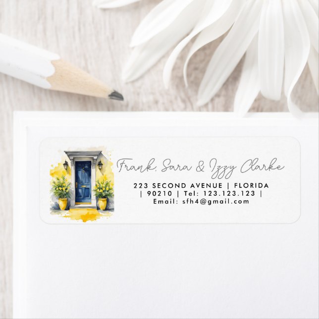 watercolour yellow blue front door elegant wedding label (Insitu)