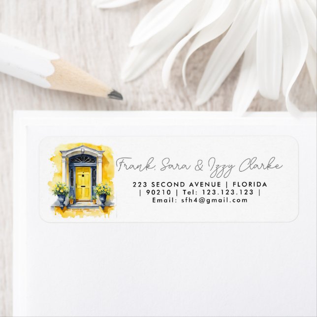 watercolour yellow blue front door elegant wedding label (Insitu)
