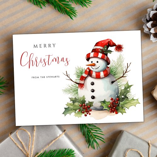 Watercor Cute Snowman Merry Christmas Holiday Card