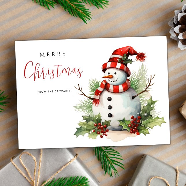 Watercor Cute Snowman Merry Christmas Holiday Card (Creator Uploaded)