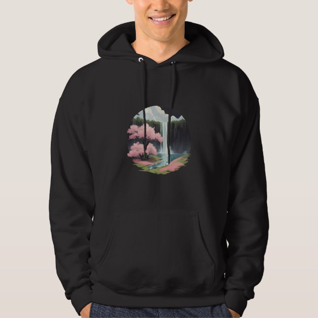 Waterfall and Cherry Blossoms Hoodie (Front)