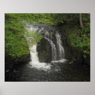 Waterfall and Green Leaves Nature Photo Poster