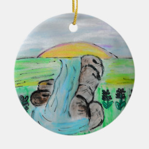 Waterfall and Lavender Flowers Ceramic Ornament