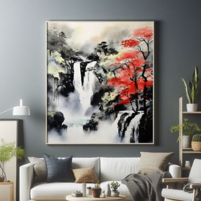 Waterfall and Maple Tree Ink Painting Photo Print (Creator Uploaded)