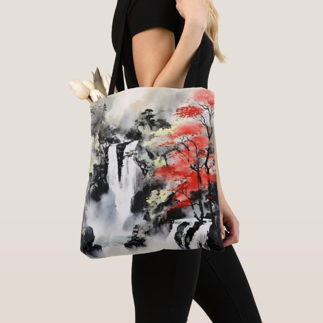 Waterfall and Maple Tree Ink Painting Tote Bag (Close Up)