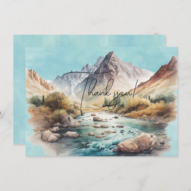 Waterfall and Mountains Watercolor Painting Thank You Card (Front/Back)
