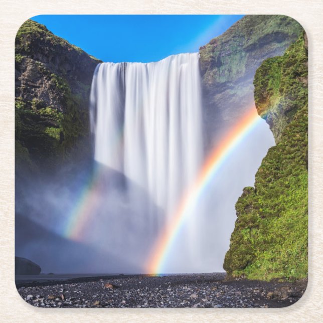 Waterfall and rainbow square paper coaster (Front)