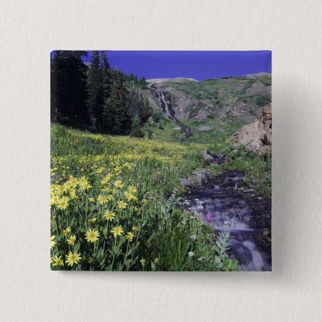 Waterfall and wildflowers in alpine meadow, 2 pinback button (Front)