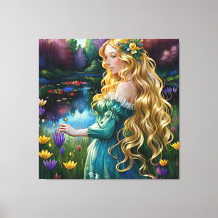 *~ Waterfall AP56 Art Blonde Woman Pond Flowers Canvas Print