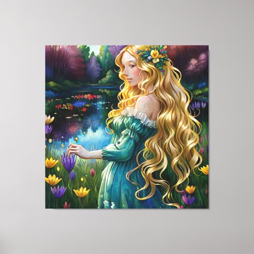   Waterfall AP56 Art Blonde Woman Pond Flowers  Canvas Print