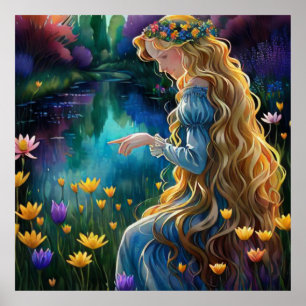 *~ Waterfall Beautifu AP56 Woman Pond Flowers Poster