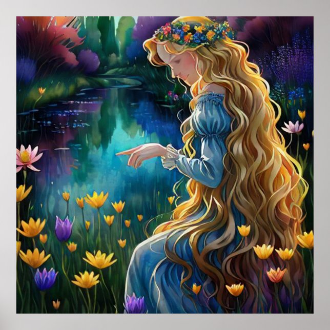 *~  Waterfall Beautifu AP56 Woman Pond Flowers  Poster (Front)