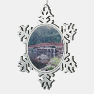 Waterfall Bridge Snowflake Pewter Christmas Ornament