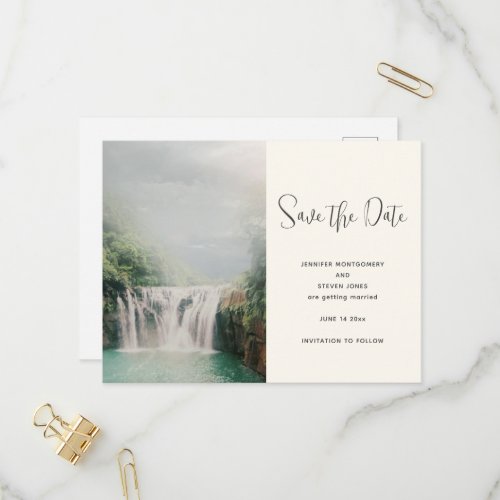 Waterfall by a Lush Green Forest Save the Date Invitation Postcard