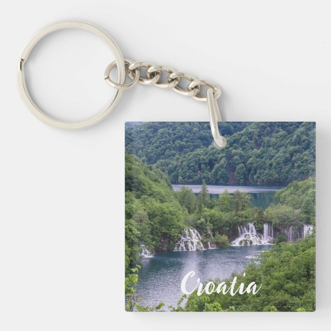 Waterfall cascade with green forest in Croatia Keychain (Front)