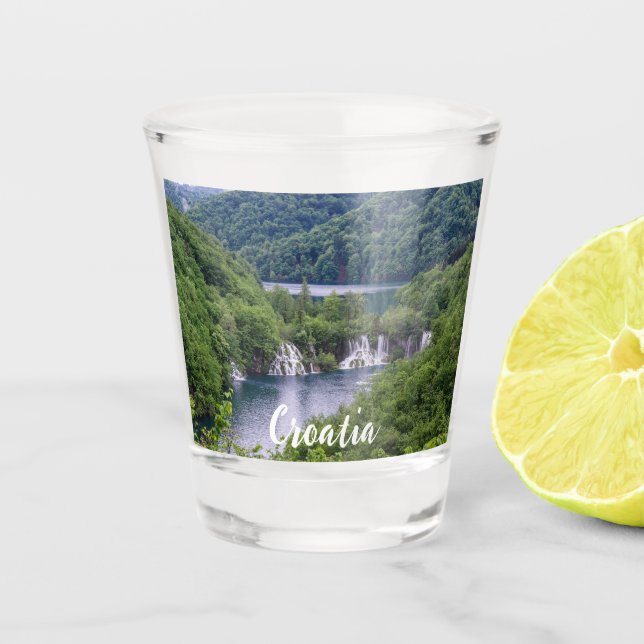 Waterfall cascade with green forest in Croatia Shot Glass (Front)