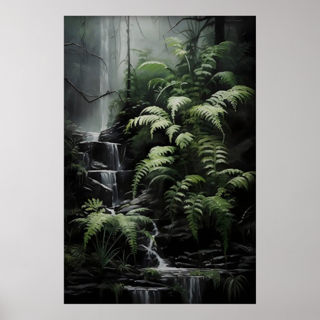 Waterfall Fern Forest Print, Dark Academia Gothic Poster (Front)