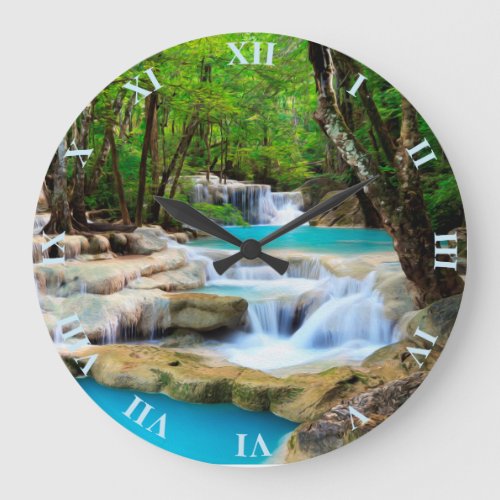 Waterfall Forest River Shore And Green Grass Large Clock