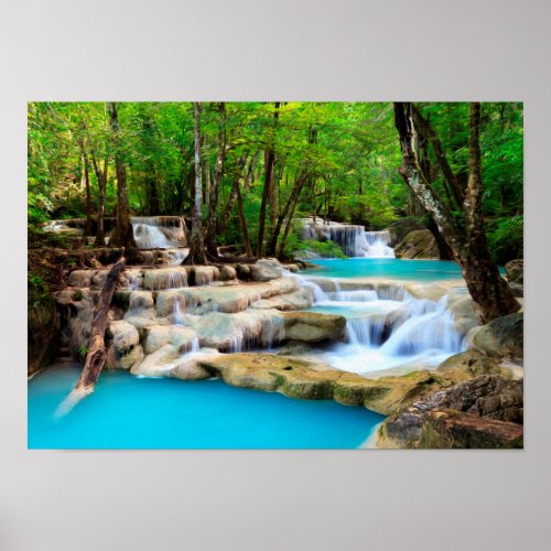 Waterfall Forest River Shore And Green Grass Poster